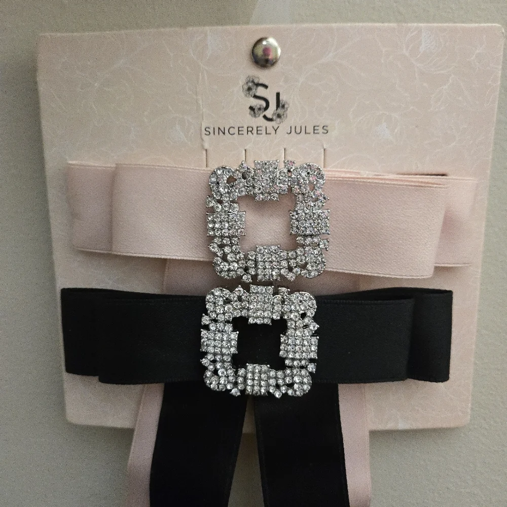 Sincerely Jules Rhinestone Buckle Satin Bow Barrettes Black & Ballet Baby Pink
